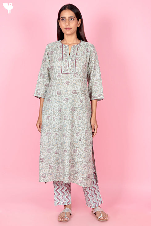 Chanderi Silk Kurta Pant Set With Dupatta Block Print